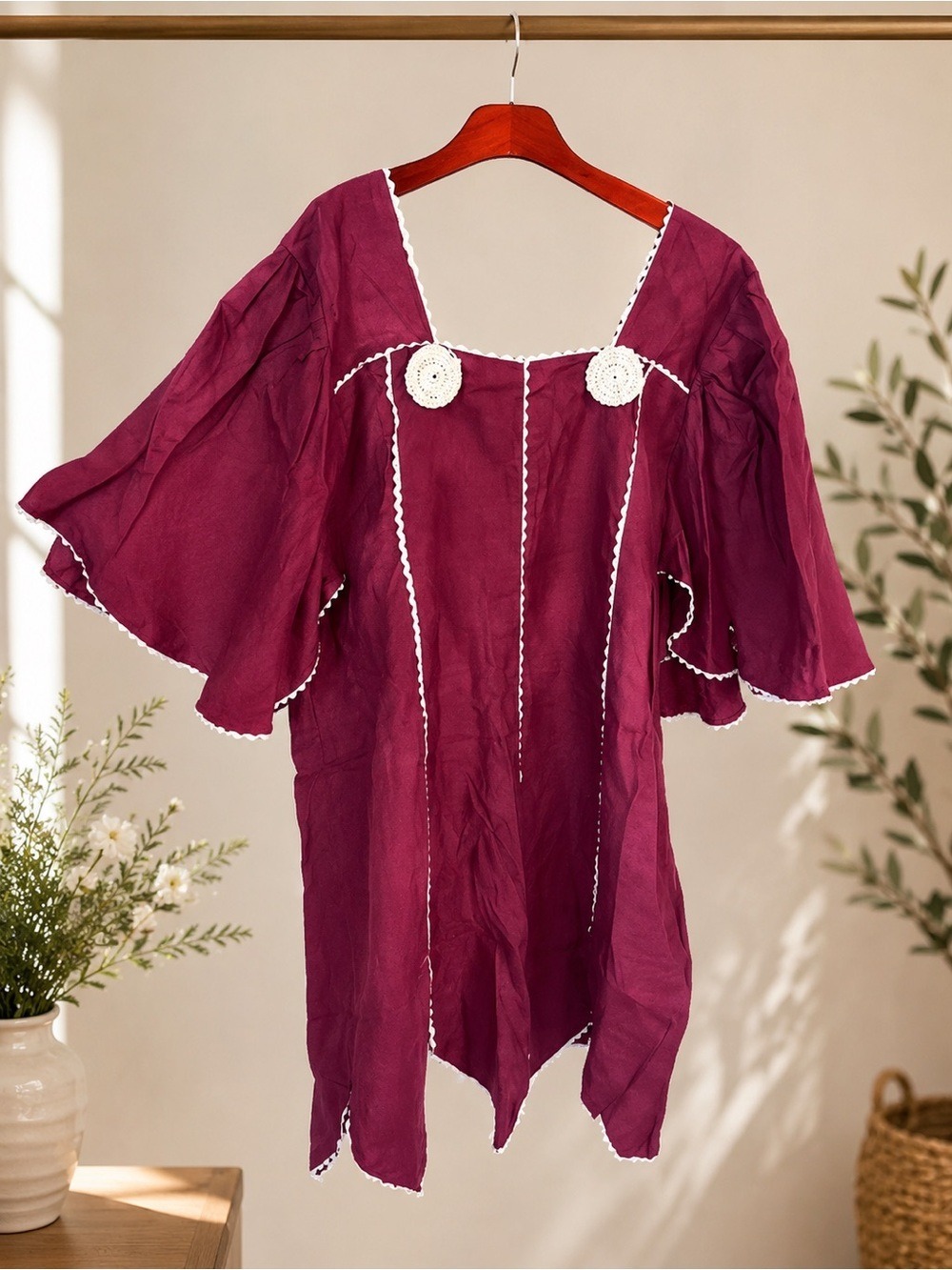 Cherry Red Boho Jacquard Crochet Trim Peasant Tunic Medieval Inspired Dress • M